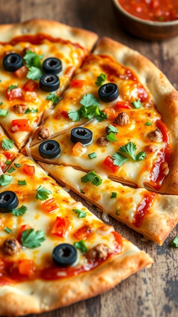 Cheesy quesadilla pizza with colorful toppings, sliced into wedges on a wooden table.